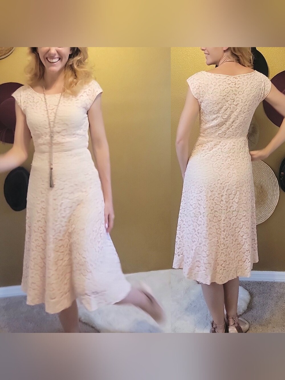 *Vintage Pink Lace Midi Dress*